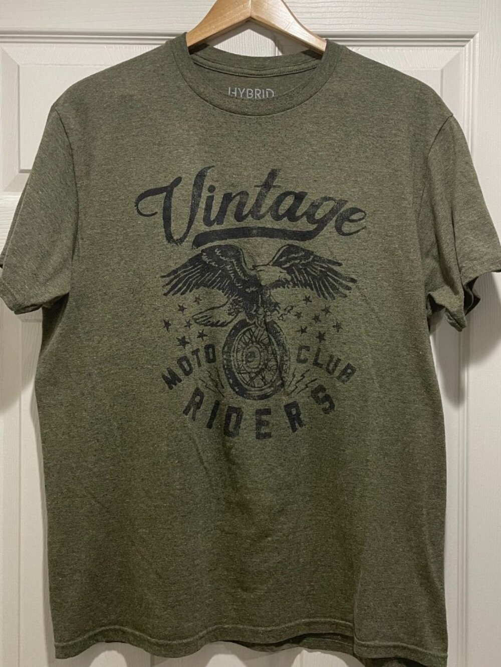Hybrid Apparel Crewneck T-Shirt Men's Size XL Olive Green Vintage Moto Club Tee